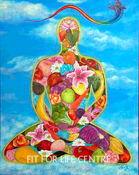Picture of a person made up of fruits and vegetables mediating. The background is the clear blue sky.